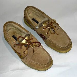 Sperry Topsider CH196 Womens Gold Accents Tan Boat Shoes GOLD LACES Size 7M
